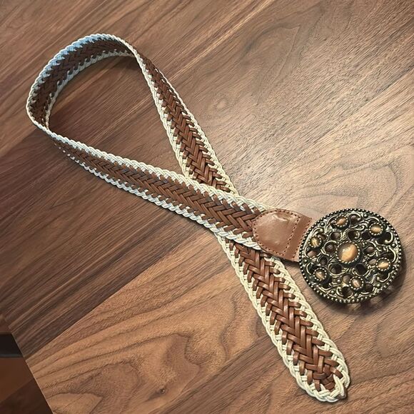 Coldwater Creek Brown and Cream Braided Belt with Ornate Buckle - M - Picture 4 of 7